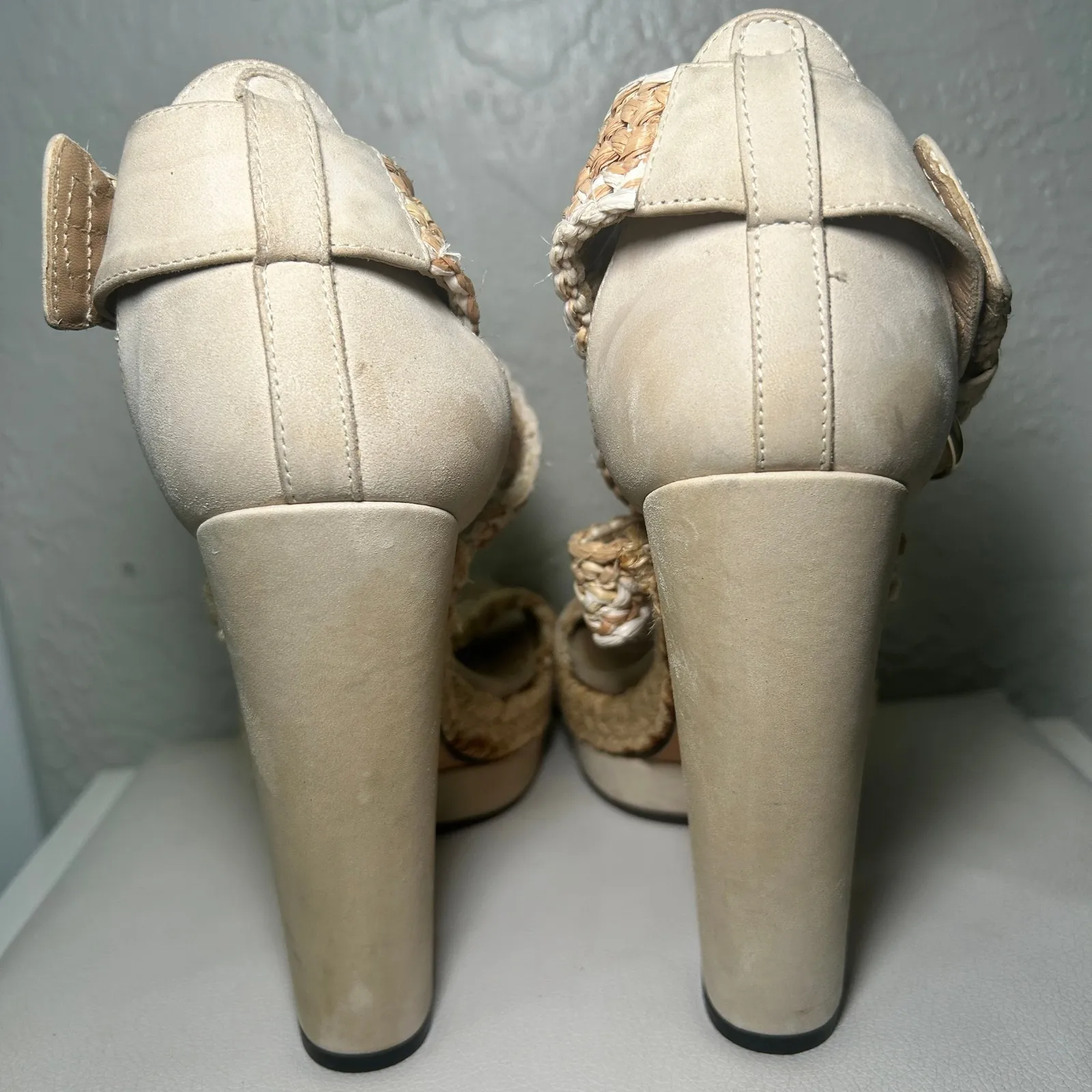 Stuart Weitzman Platform Sandals Espadrille Raffia 5" Heels Beige Size‎ 8 - Image 4
