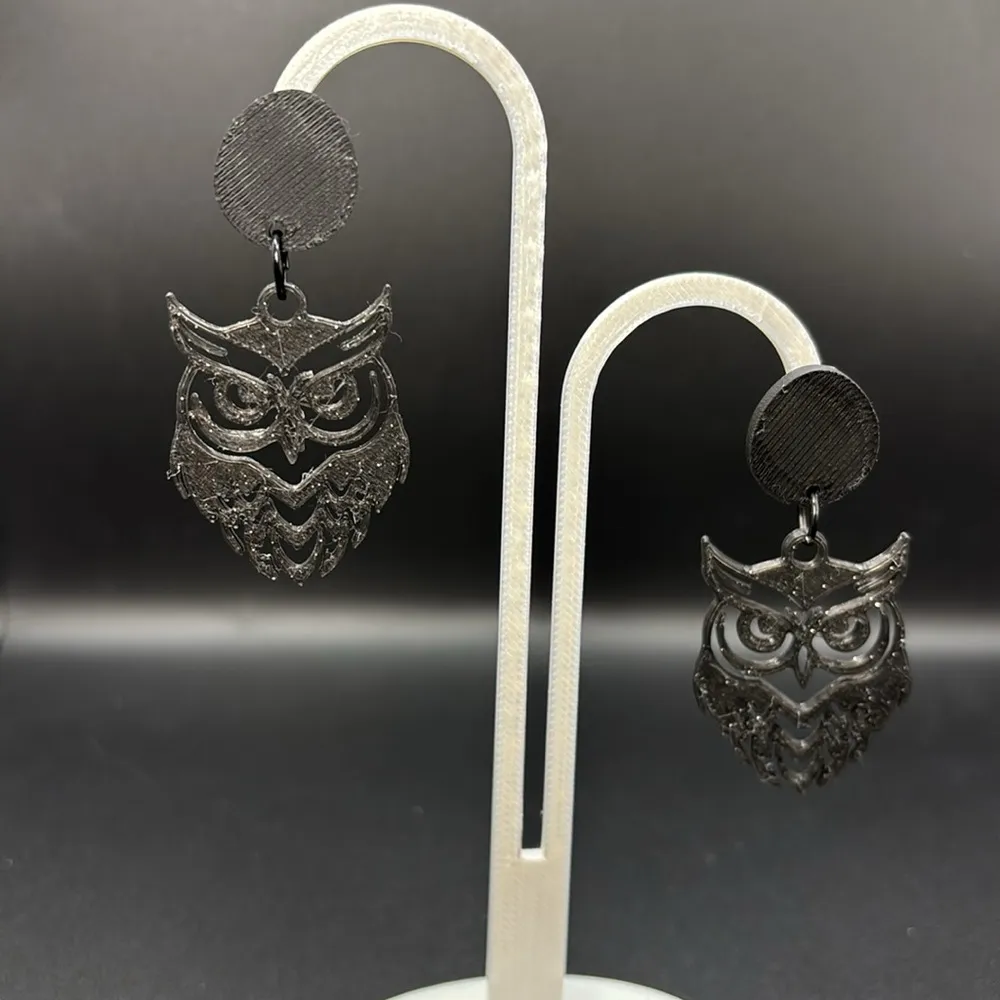 Black Glitter Owl Earrings - Image 3