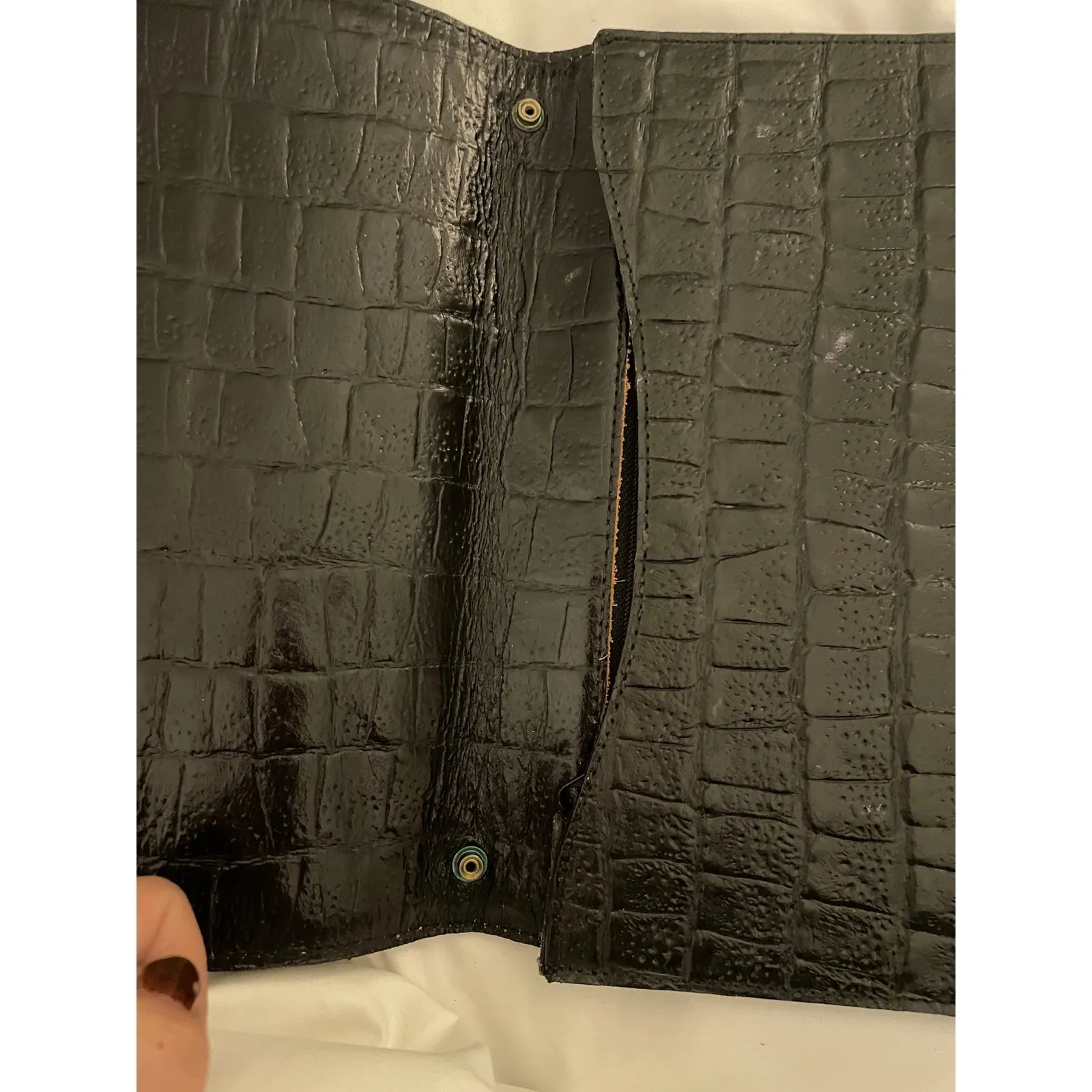 Genuine Leather Clutch Wallet Made in Italy Black Croc Embossed Suede Stripe - Image 5