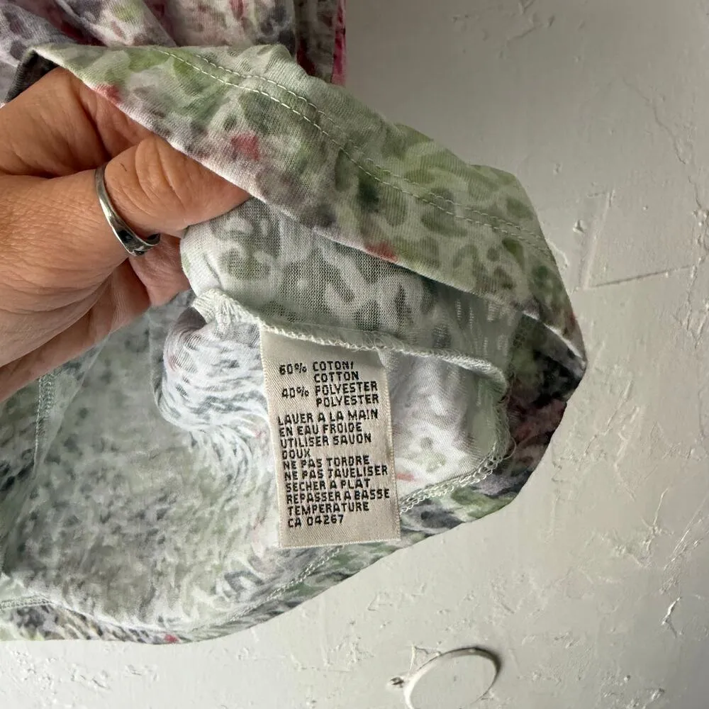 Laura Petites Y2k Small Floral Water Colored Rhinestone Short Slv Semi Sheer Top Green - Image 5