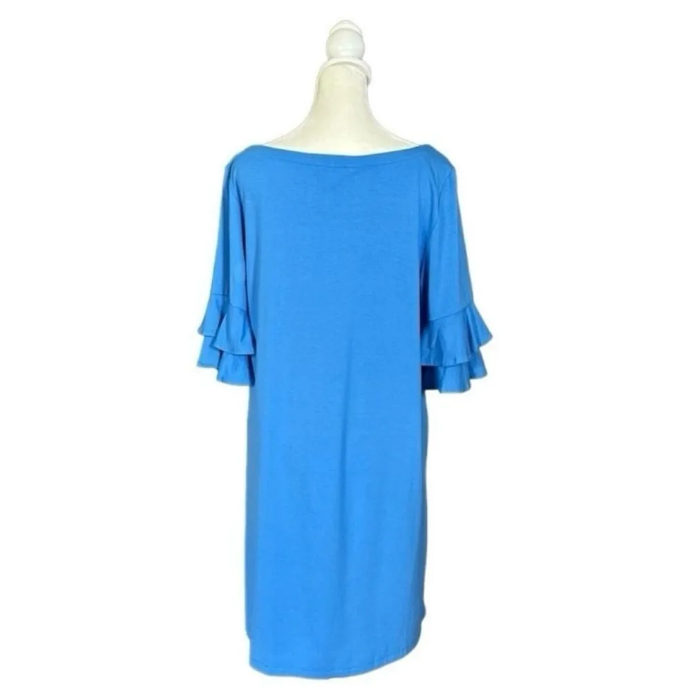 Lilly Pulitzer Lula Coastal Blue Tiered Flounce Sleeve Round Neck Dress Sz Large - Image 4