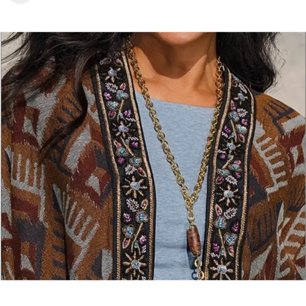 Soft Surroundings Asmara Embellished Beaded Knit Tapestry Wrap Earthy Ikat - Image 5