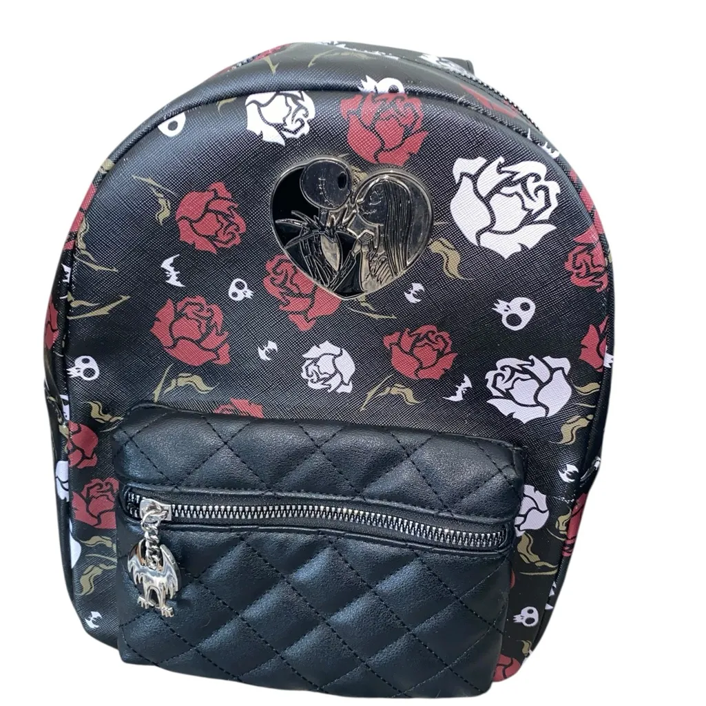 Nightmare Before Christmas Black Red Skulls Roses Jack & Sally Mini Backpack Bag - Image 2