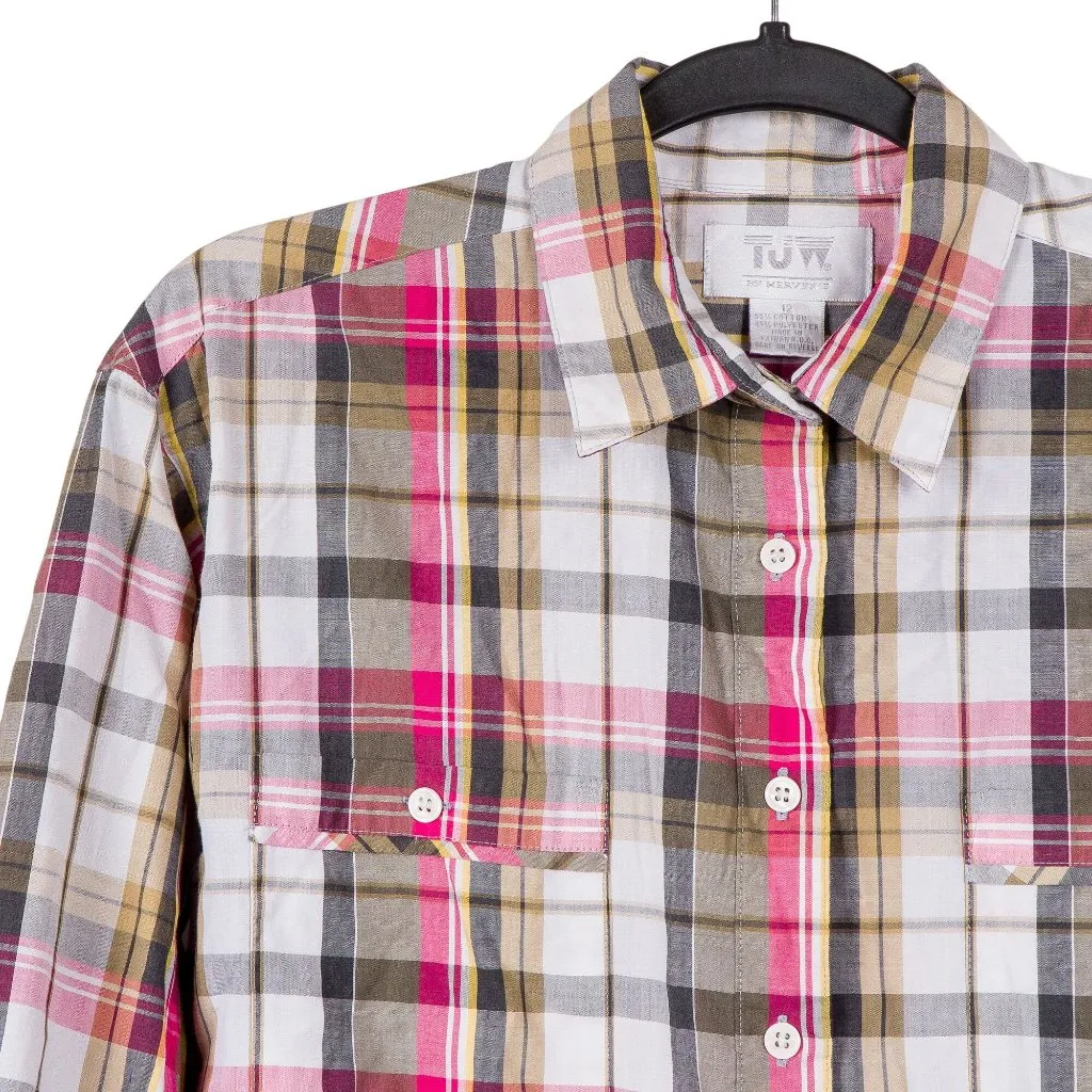 TJW Western Shirt 12 Plaid Y2K 90s Gray Yellow Pink Plaid Button Up Mervyns - Image 3