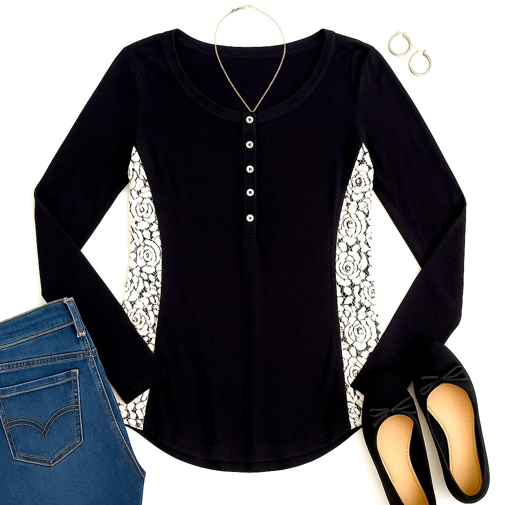 Andrea Jovine Black Long Sleeve Henley Top Contrast White Rose Lace Panels Sz S - Image 3