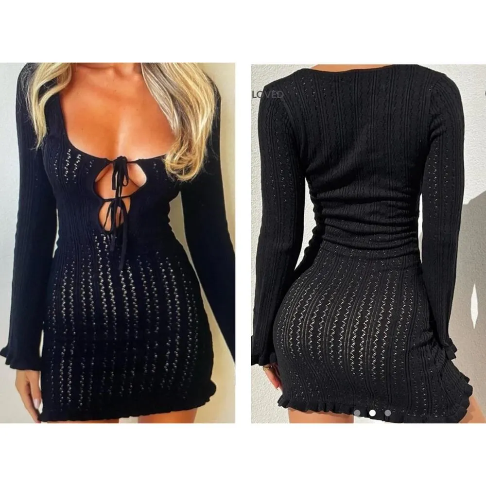 Tiger Mist - Florence Pointelle Knit Long Sleeve Mini Dress in Black - Image 5