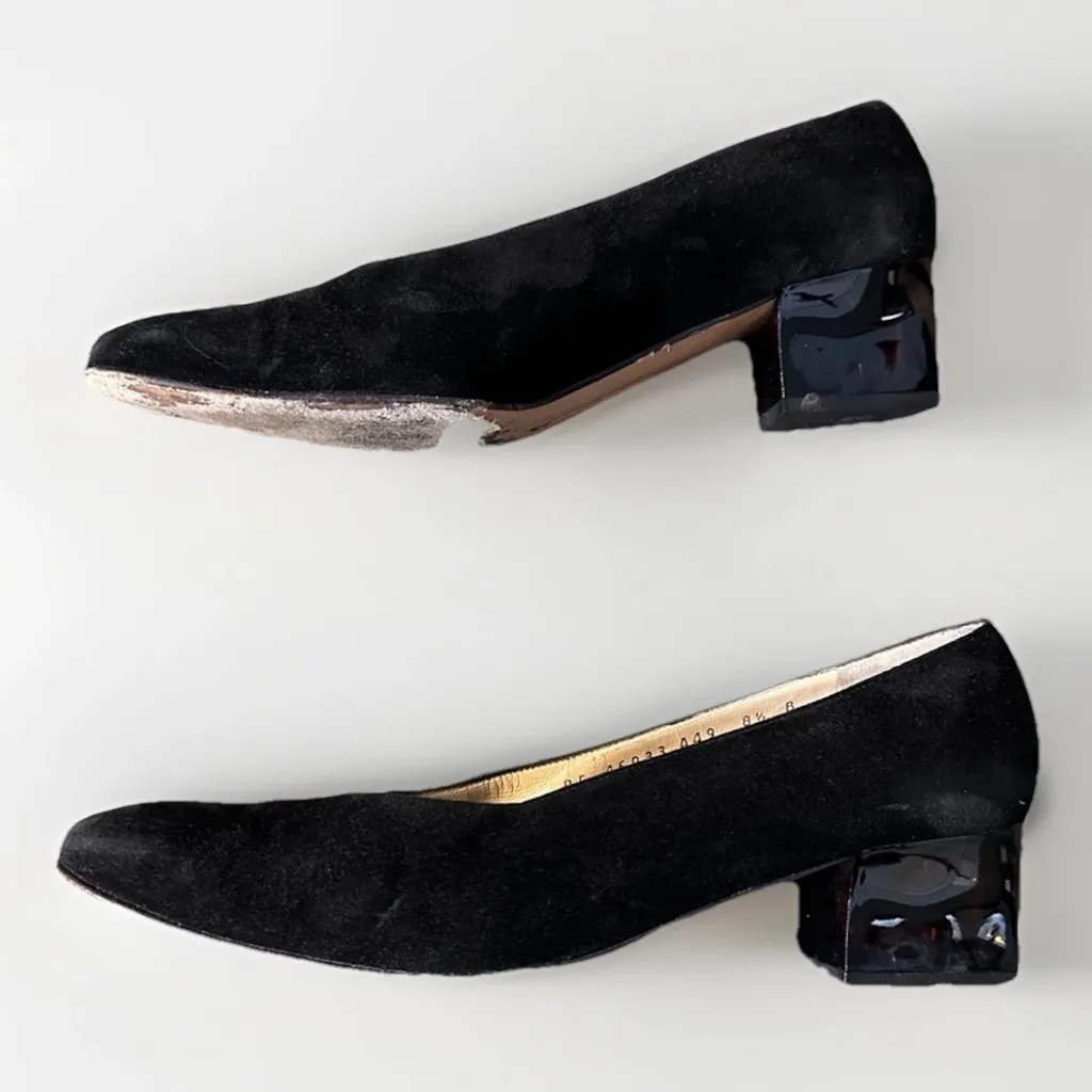 Salvatore Ferragamo Black Suede Pumps Womens 8.5 B Tortoise Shell Heel Italy - Image 3