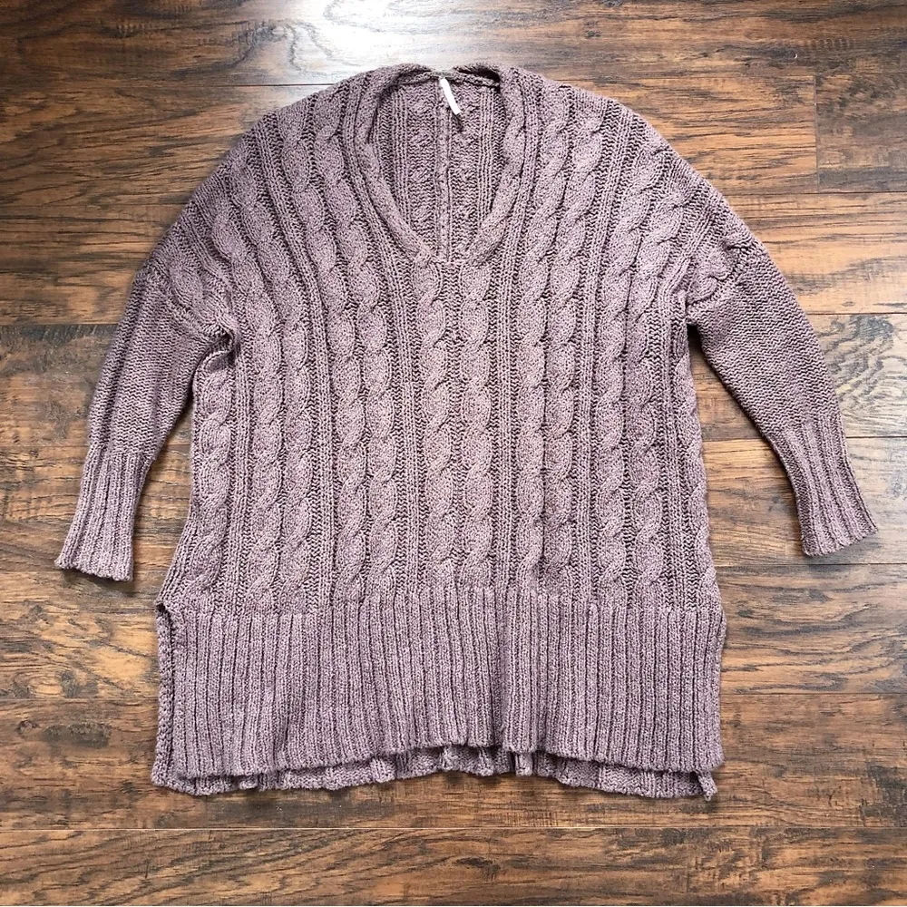 Free People • Easy Cable V Neck Sweater taupe Mushroom oversized tunic cotton - Image 3