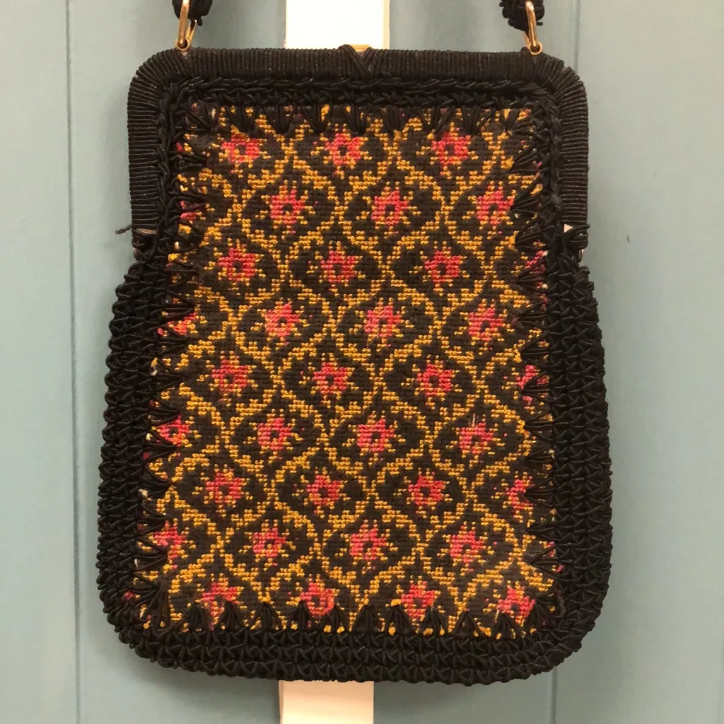 Vintage Miriam Lefcourt hand crafted Knitted Purse Rare tapestry purse 10” x 8” Black - Image 6