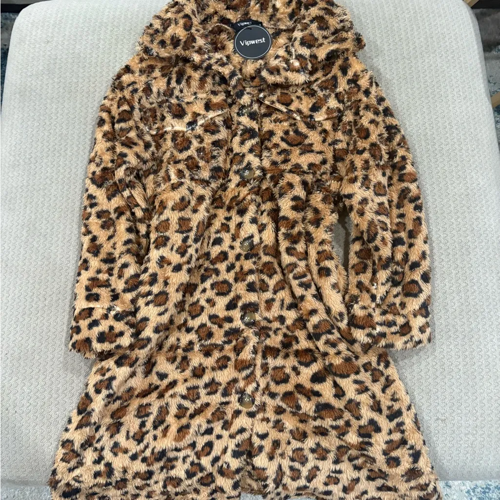 Leopard Print Faux Fur Coat Brown - Image 2
