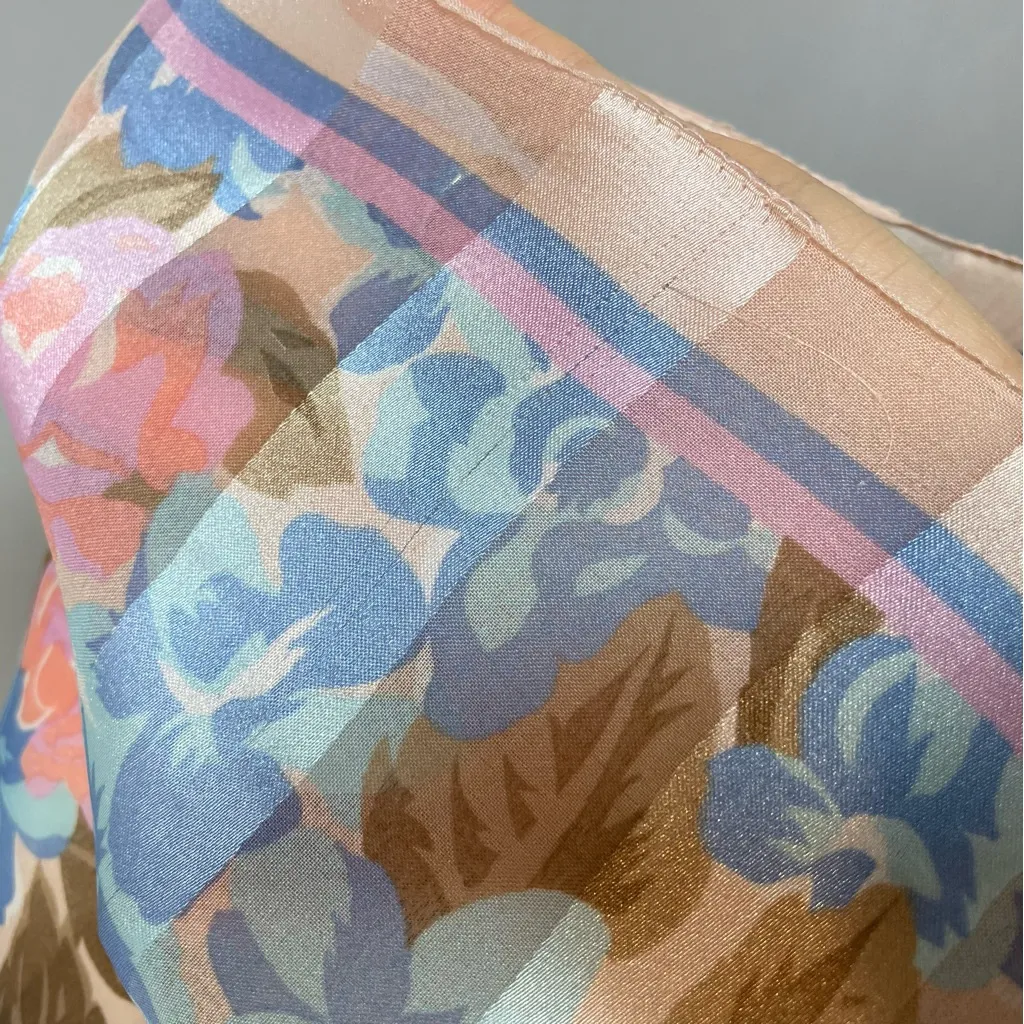 Floral Scarf Vintage Long Roses‎ Pink Blue Sheer Sheen Stripe Elegant Retro - Image 4