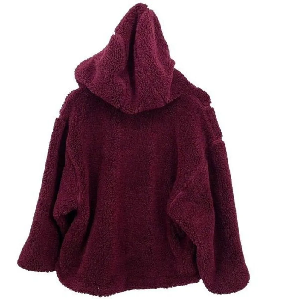 Free People Run My Way‎ Fleece Sherpa Jacket Oversized Plush Hoodie Maroon Small - Image 6