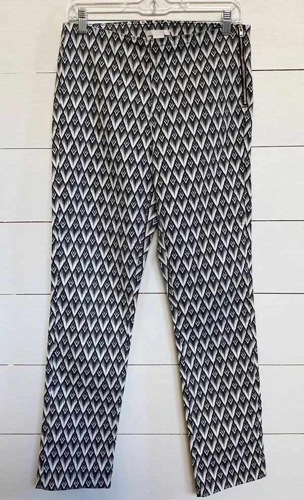 H&M High Waisted Ankle Crop Pants Side Zip Abstract Print Grey Stretch SZ 10 Black - Image 1