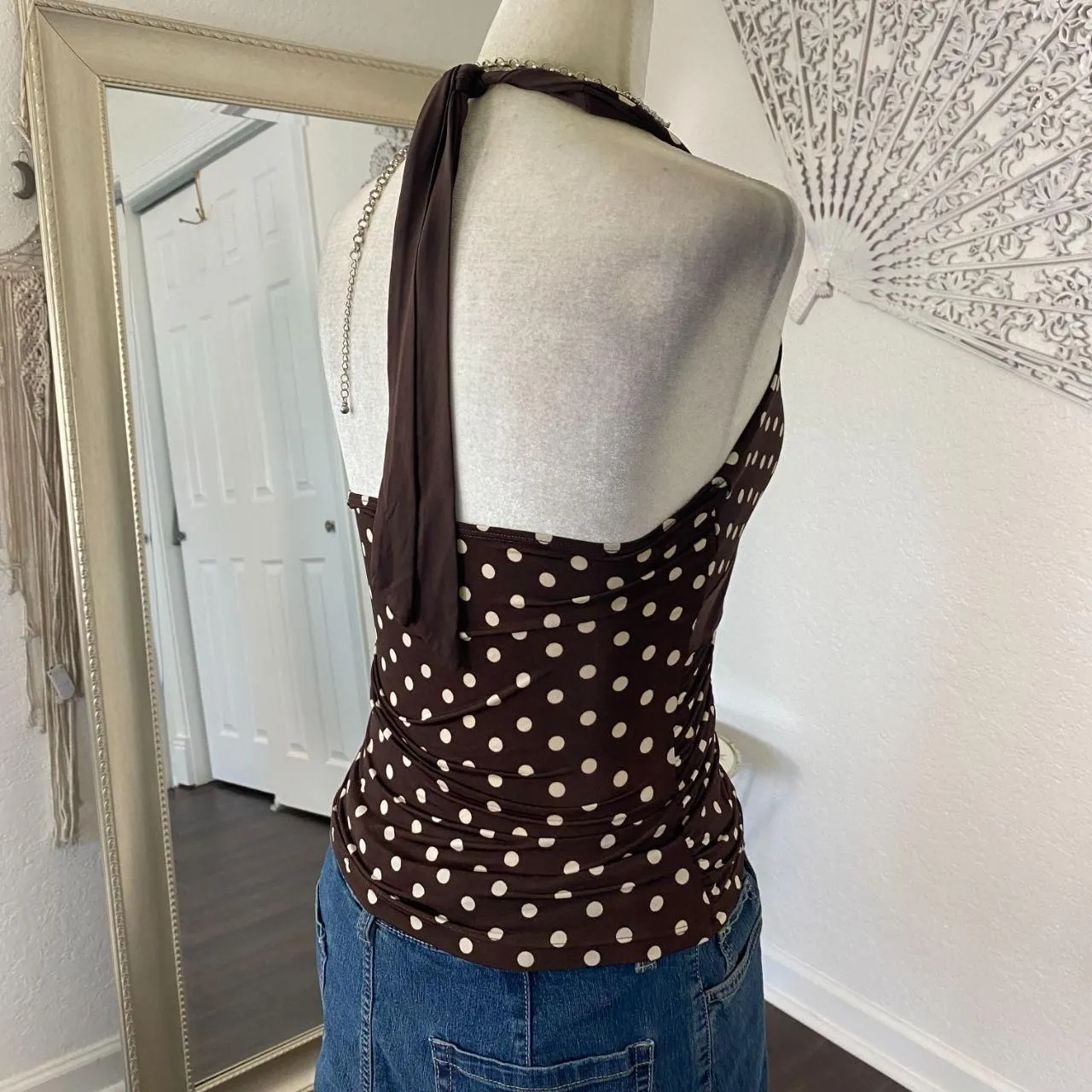 Early 2000's Cinched Soft Brown Cream White Polkadot Babydoll Halter Top M Size M - Image 4