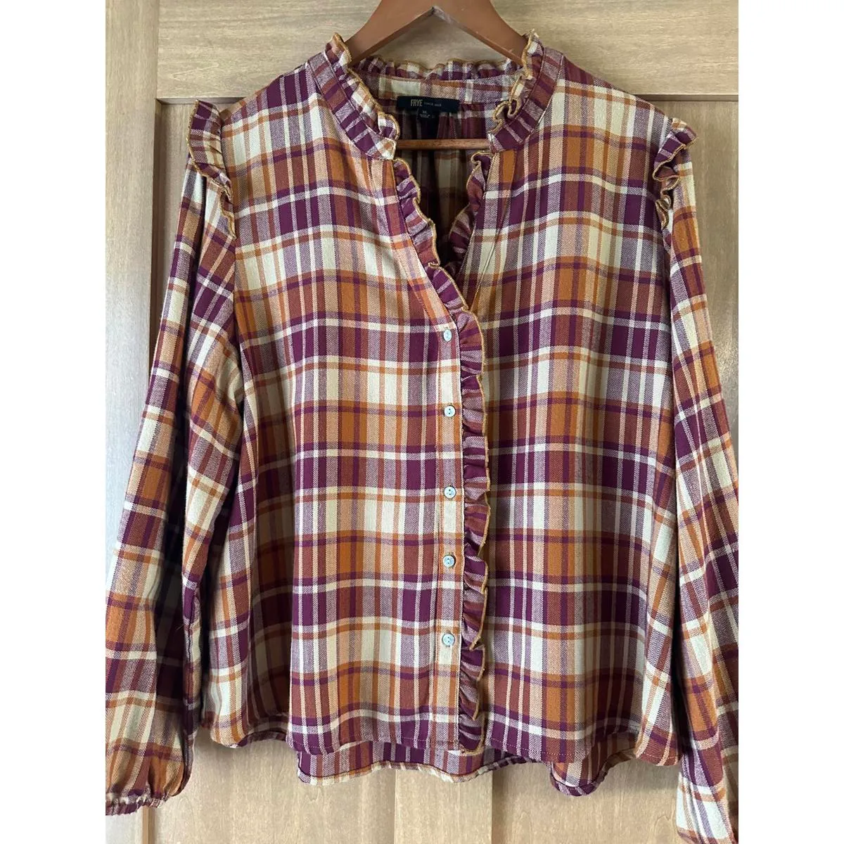 Frye Ruffle Plaid Flannel Button Down Blouse Women’s size XL - Image 12
