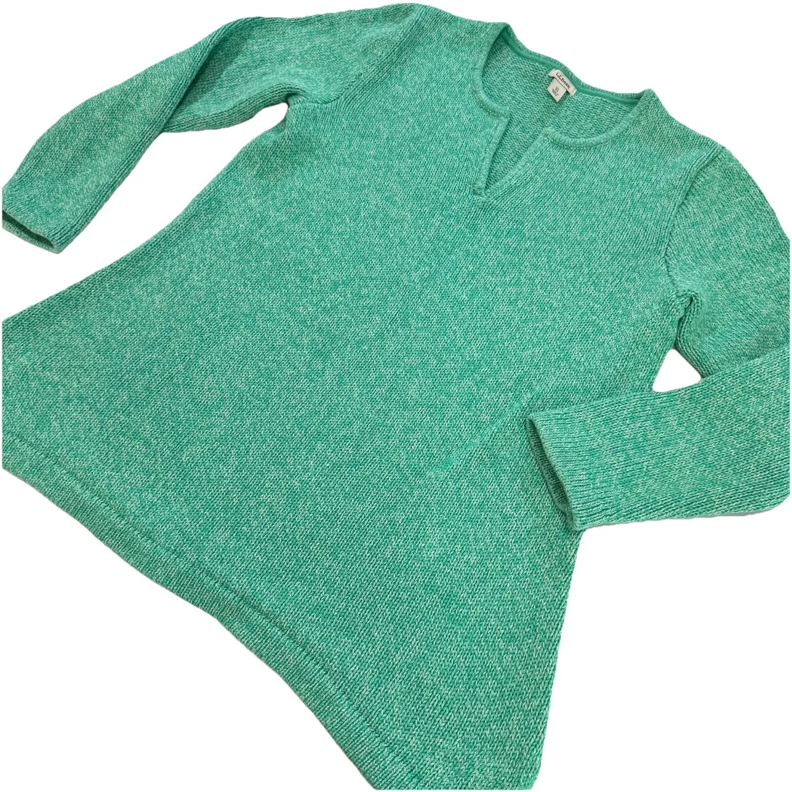 Vintage LL Bean Green Marled Chunky Cotton Notch Neck Pullover Sweater XL PETITE Size undefined - Image 1