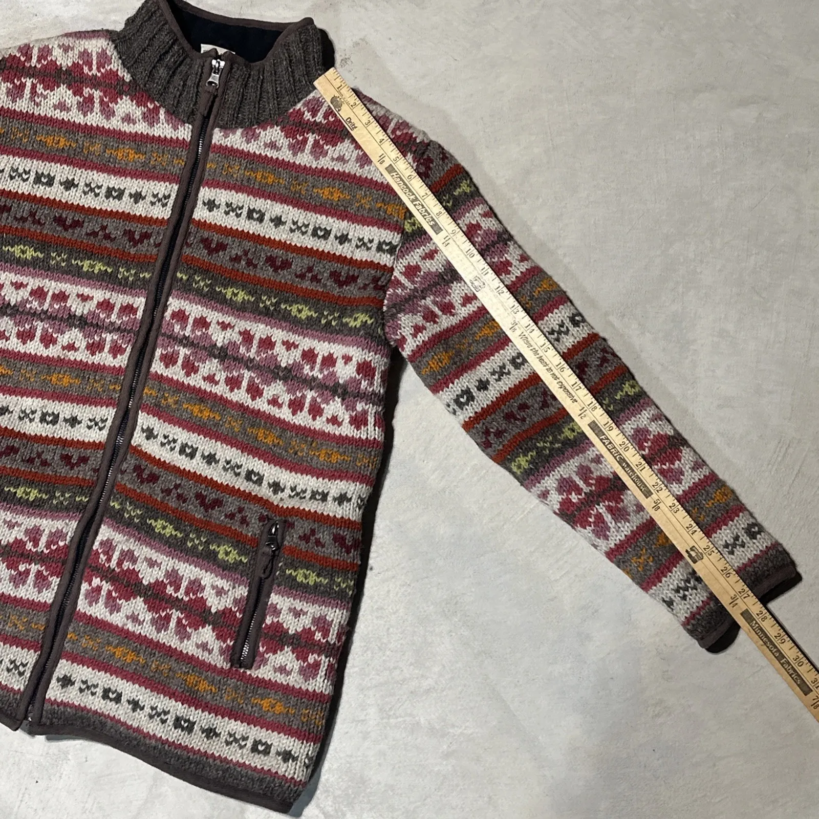 Pachamama Fair Isle 100% Handmade Wool Knit Jumper Woman's SZ L Jacket Zip Up Size L - Image 7