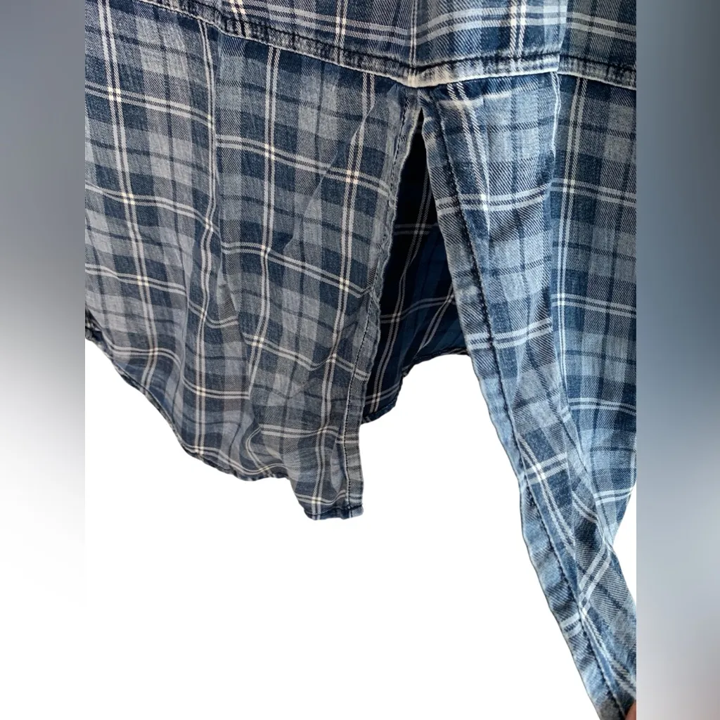 Thread & Supply Shirt Womens Lg Blue Plaid Roll Tab Button Up Grunge Casual - Image 2