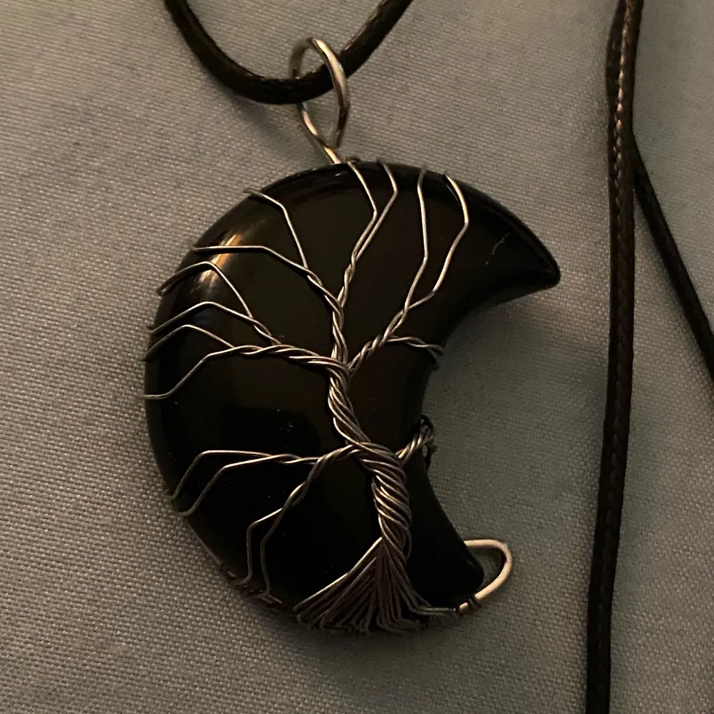 16” Black Cord Necklace Obsidian Black Moon Pemdant Silver Wrap Tree Of Life - Image 2