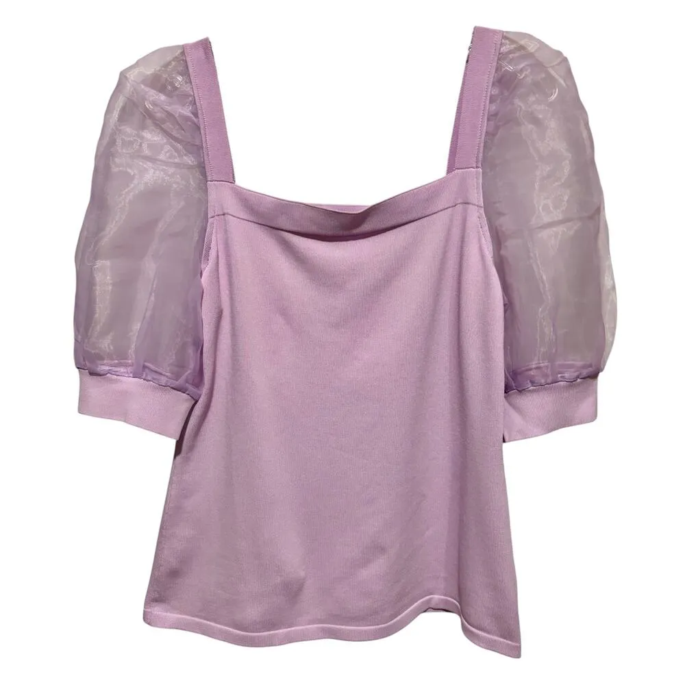 La Cite Lavender Top Sheer Organza Sleeve Square Neck Stretch Sz L Purple Size L - Image 6