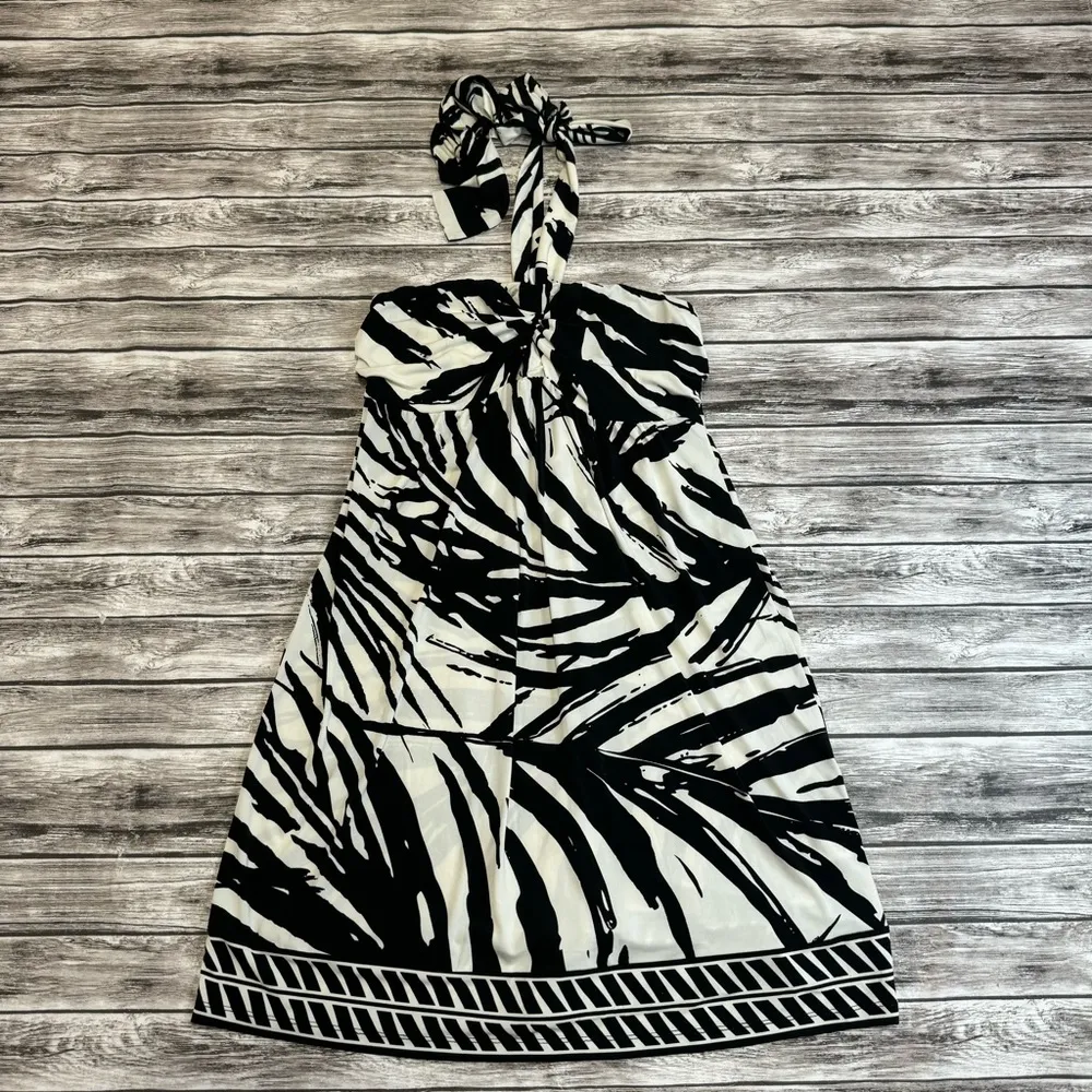 Apt 9 Women's Tropical Palm Fran Tie Halter Mini Dress M Med Medium Black Ivory - Image 3