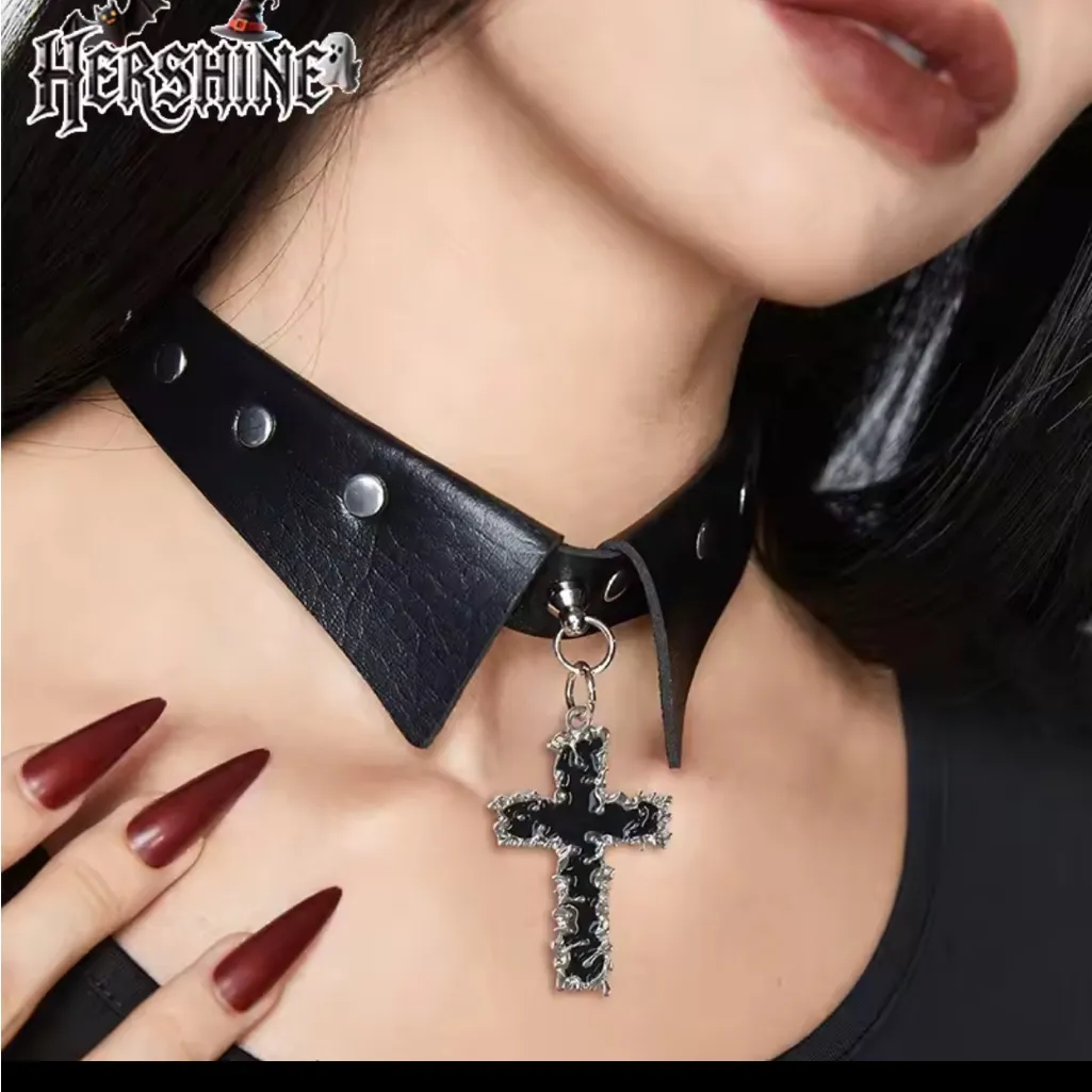 Black Collar Necklace with Cross Pendant - Image 2