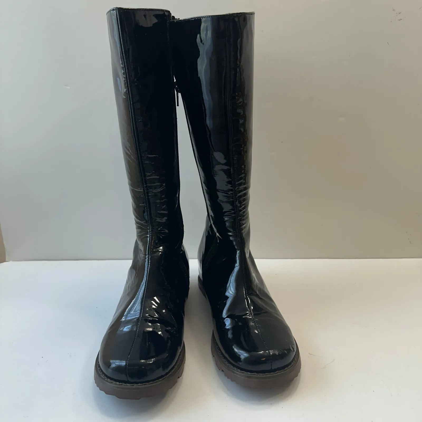Patrizia‎ Ancaldi Tall Boots Lug Sole Black Patent Leather Boots Womens 38 Italy Size 8 - Image 2