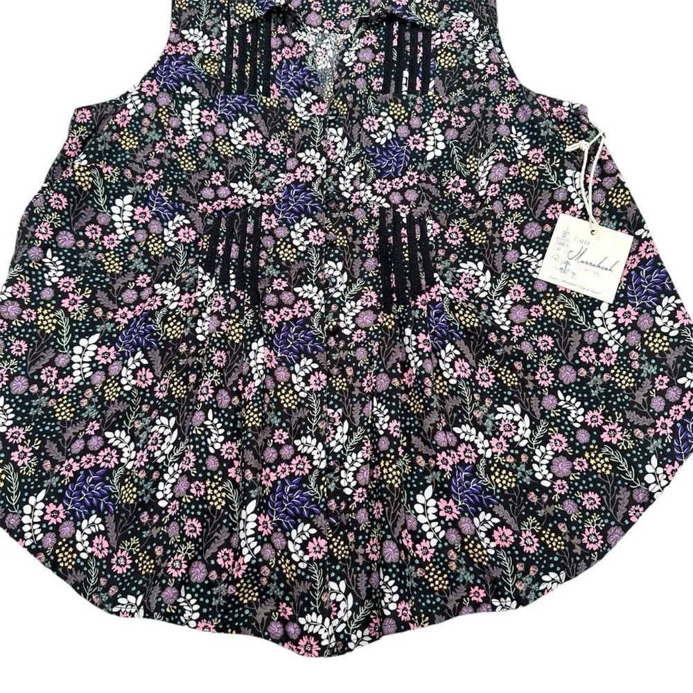 NWT Caffe Marrakech Size M Floral Print Button Front Sleeveless Collar Blouse Black Size M - Image 6