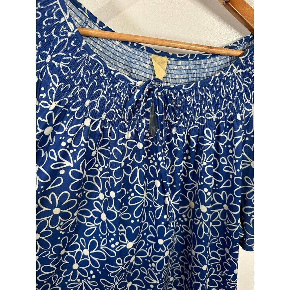 Vintage Womens 1X Top MuuMuu Shirt Short Sleeve Hawaiian Lounge Blue Floral - Image 7