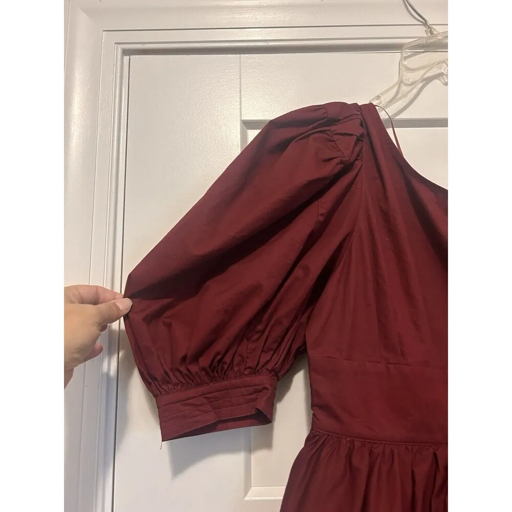En Saison Cosima Midi Dress Deep Burgundy One Shoulder Puff Sleeve Size Small - Image 6