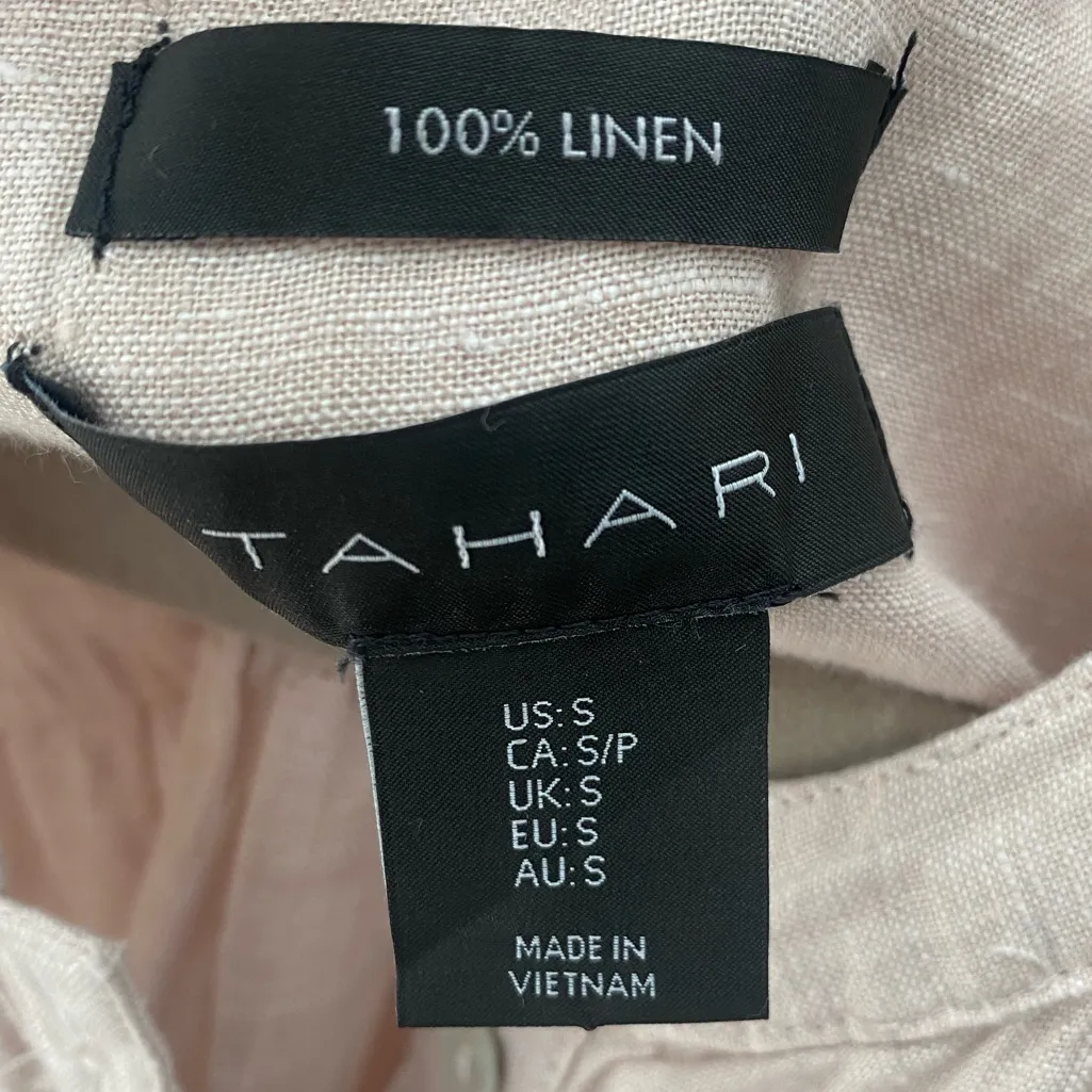 Tahari Beige Sleeveless Linen Blouse Sz S Button Popover Shirt Relaxed Lagenlook - Image 7