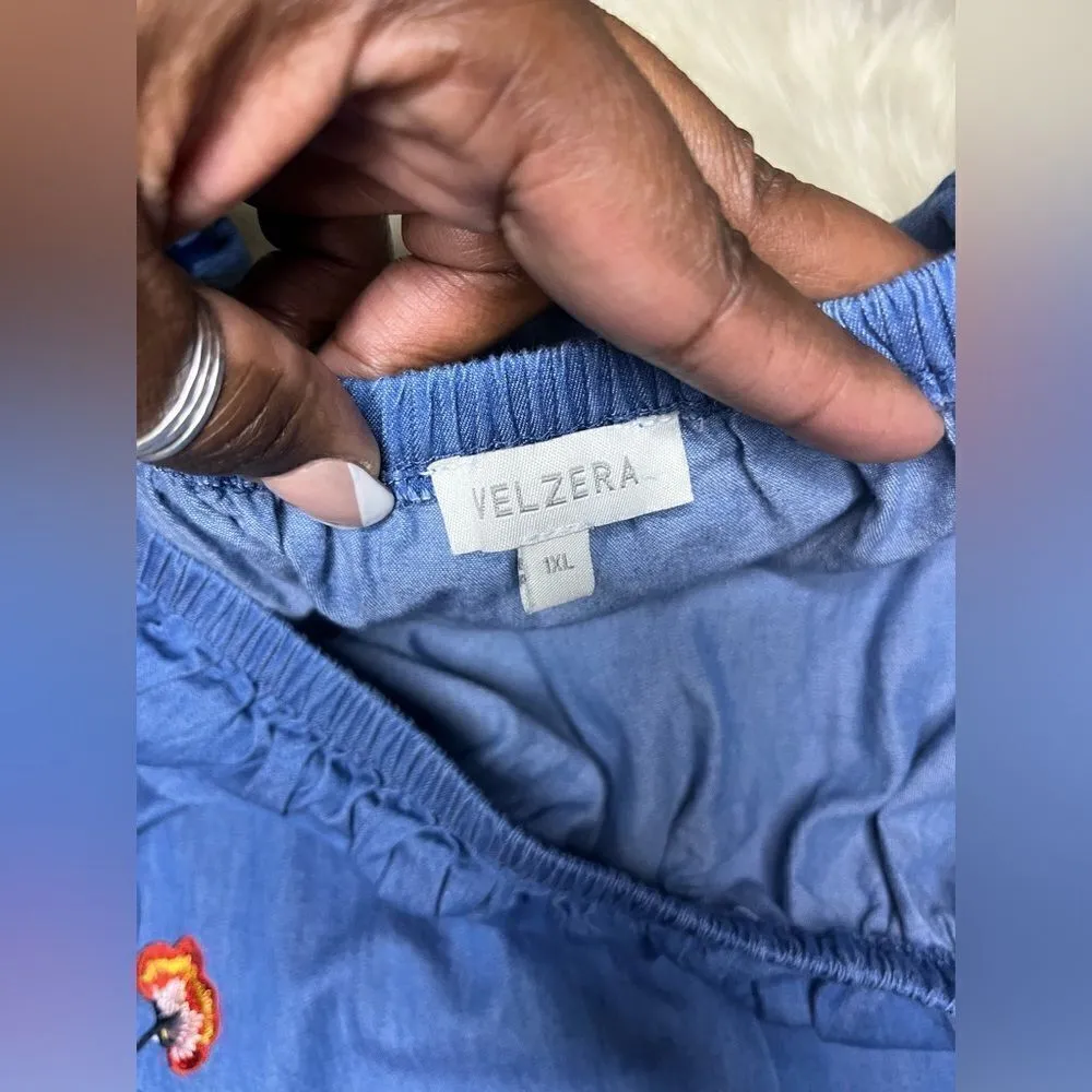 Velzera chambray floral embroidered off the shoulder tunic mini dress sz 1X - Image 2