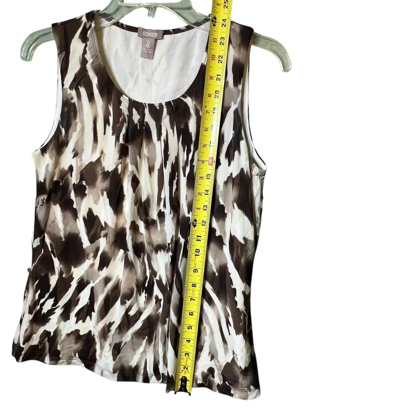 Chico's Shirt Womens 0 Brown Black Ivory Abstract Print Tank Top Pleated Neck - Image 6