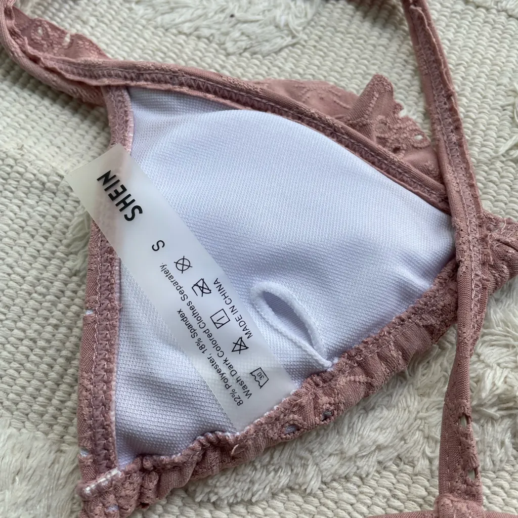 Shein mauve pink eyelet ruffle micro triangle v cut bikini swim set - Image 7