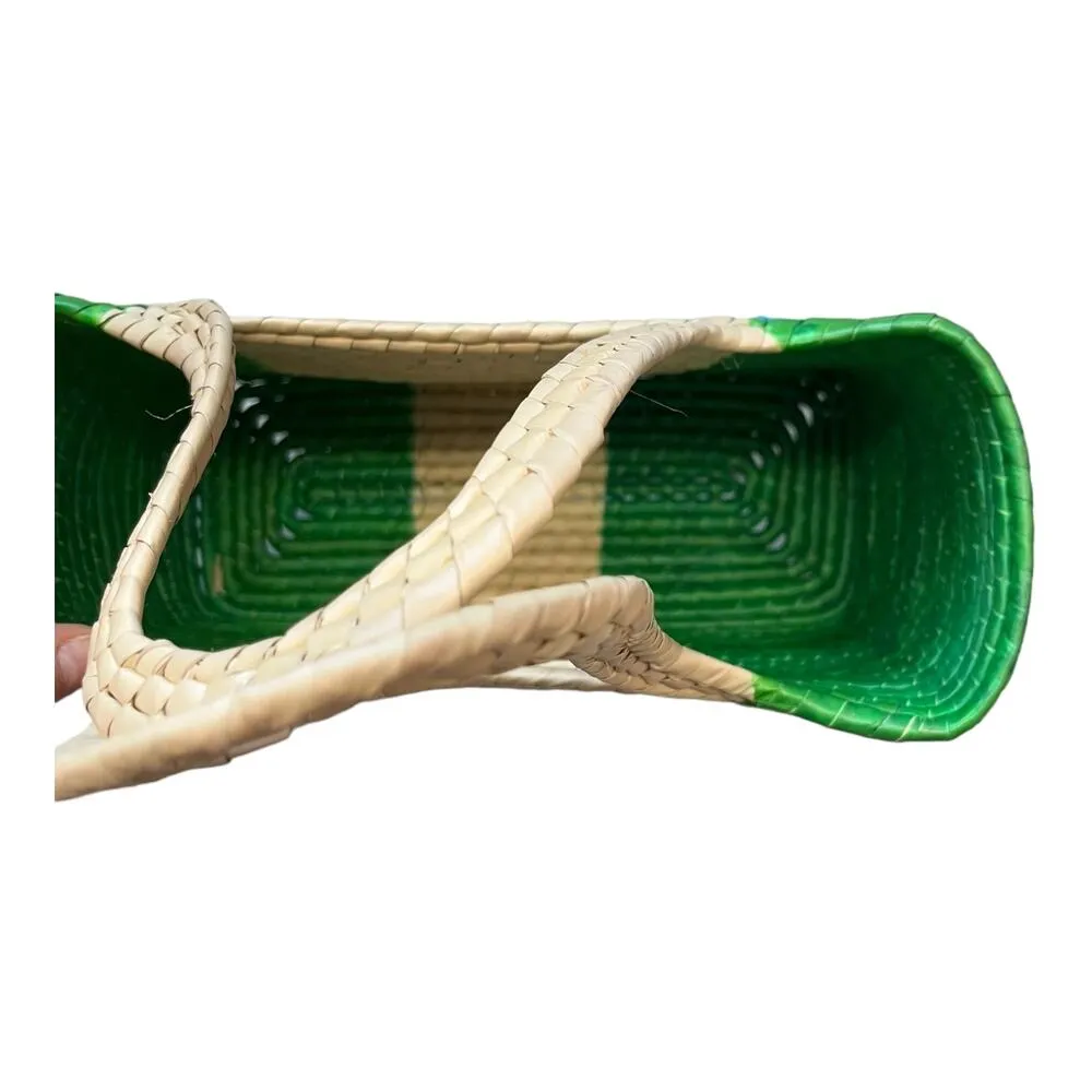 Mexican Natural Weaved Straw Tote Bag HANDMADE Zipper Green Floral Palm Small - Image 4