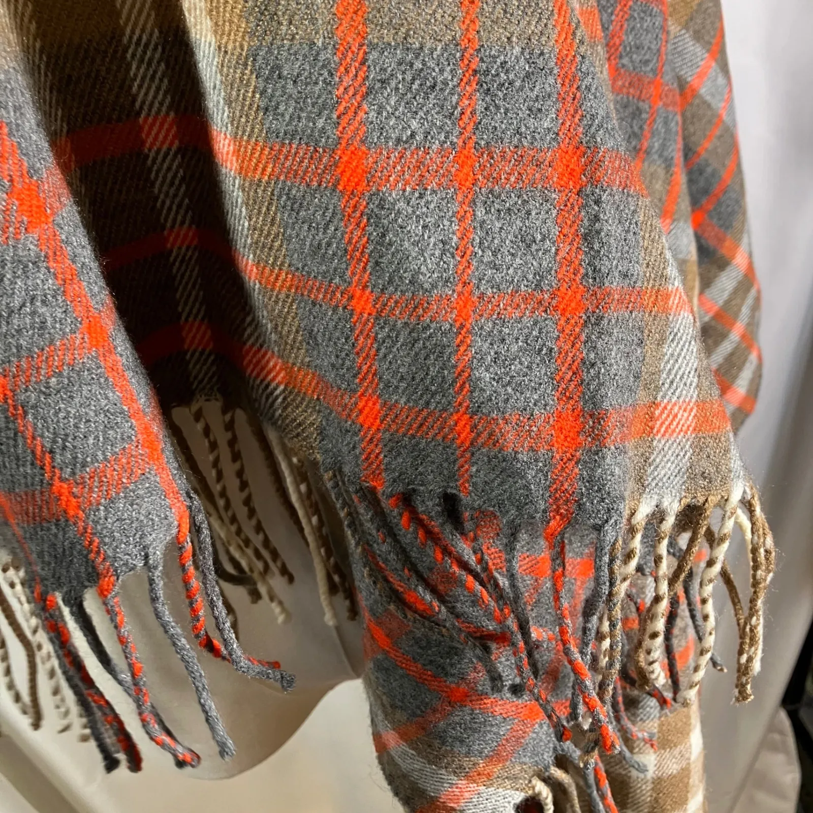 J. Crew Plaid Blanket Scarf Shawl Wrap Fringe Tan Gray Orange Check One Size - Image 6