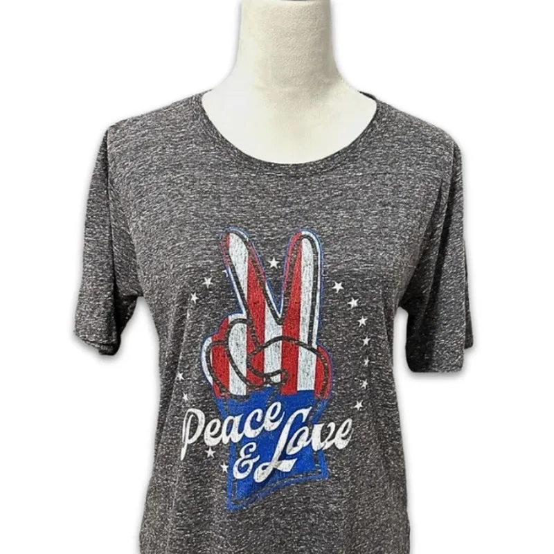 Royce Brand T-Shirt Patriotic Peace & Love Graphic Short Sleeves Gray Women's M - Image 3