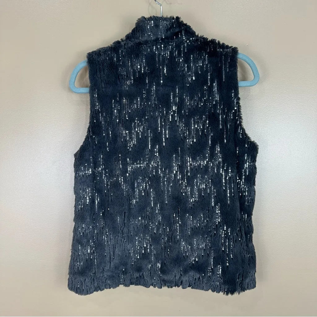 Joan Rivers Gray Faux Fur Sequin Full Zip Vest XS Maximalist Whimsigoth - Image 5