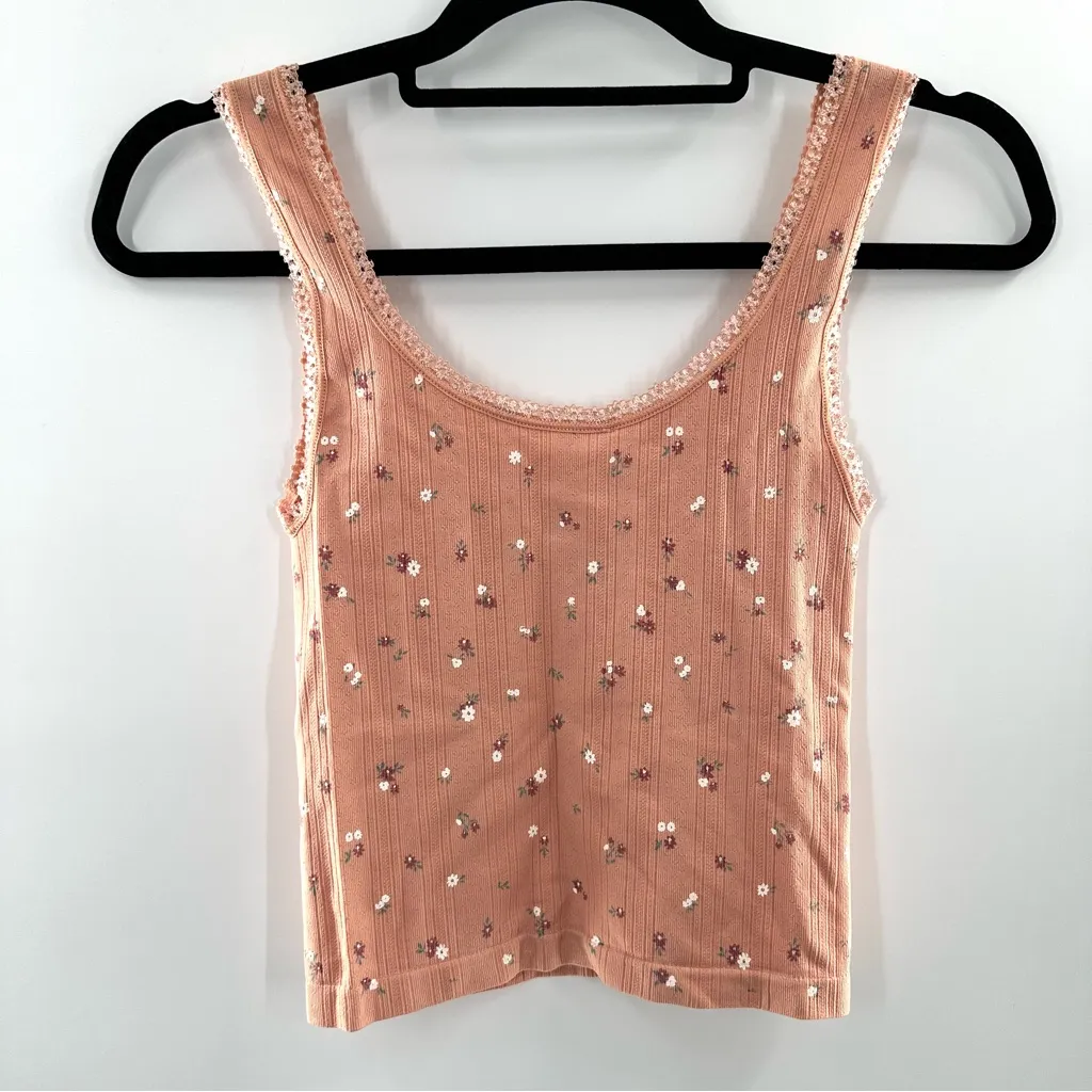 Gypsy & Jade Cropped Peach Ditsy Floral Tank Top Lace Trim Coquette Soft Girl Orange - Image 2