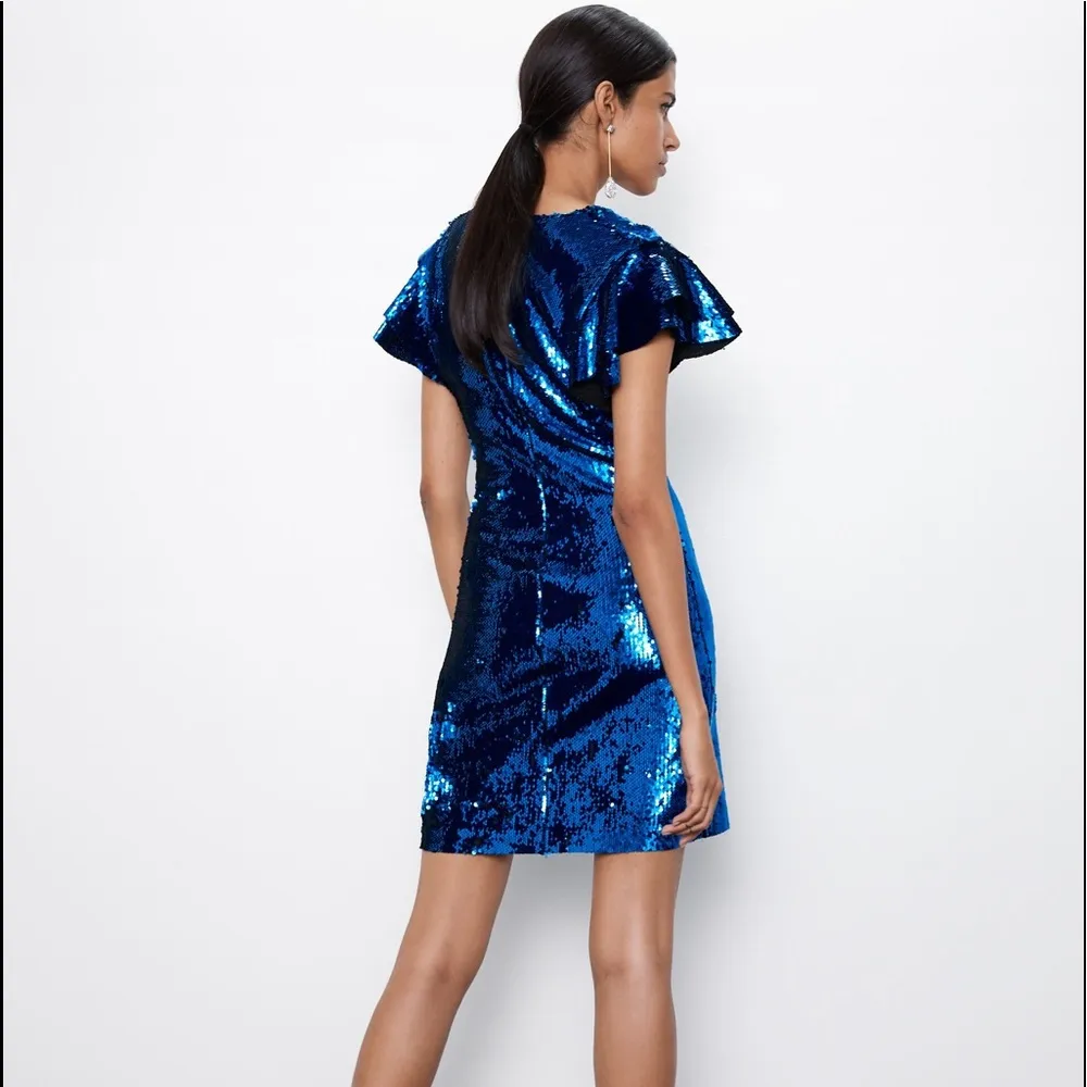 Zara SEQUIN MINI SHORT V-NECK DRESS Ruffled Short Sleeve BLUE Size XS NWT. - Image 12