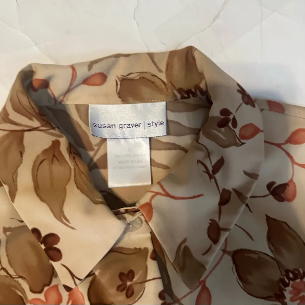 Susan Graver XL Floral Casual Autumn Print Long Big Button Down Office Shirt - Image 2