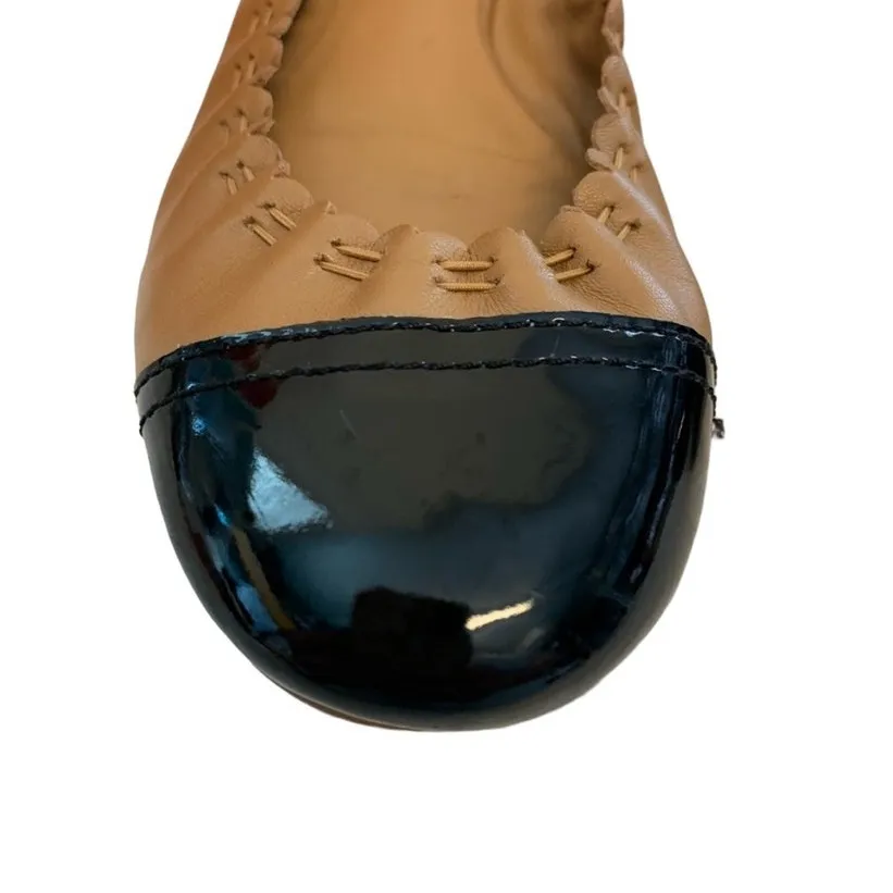 Tory Burch Melinda Ballet Flats Shoes Gold Leather Black Patent Cap Toe Size 6 - Image 5