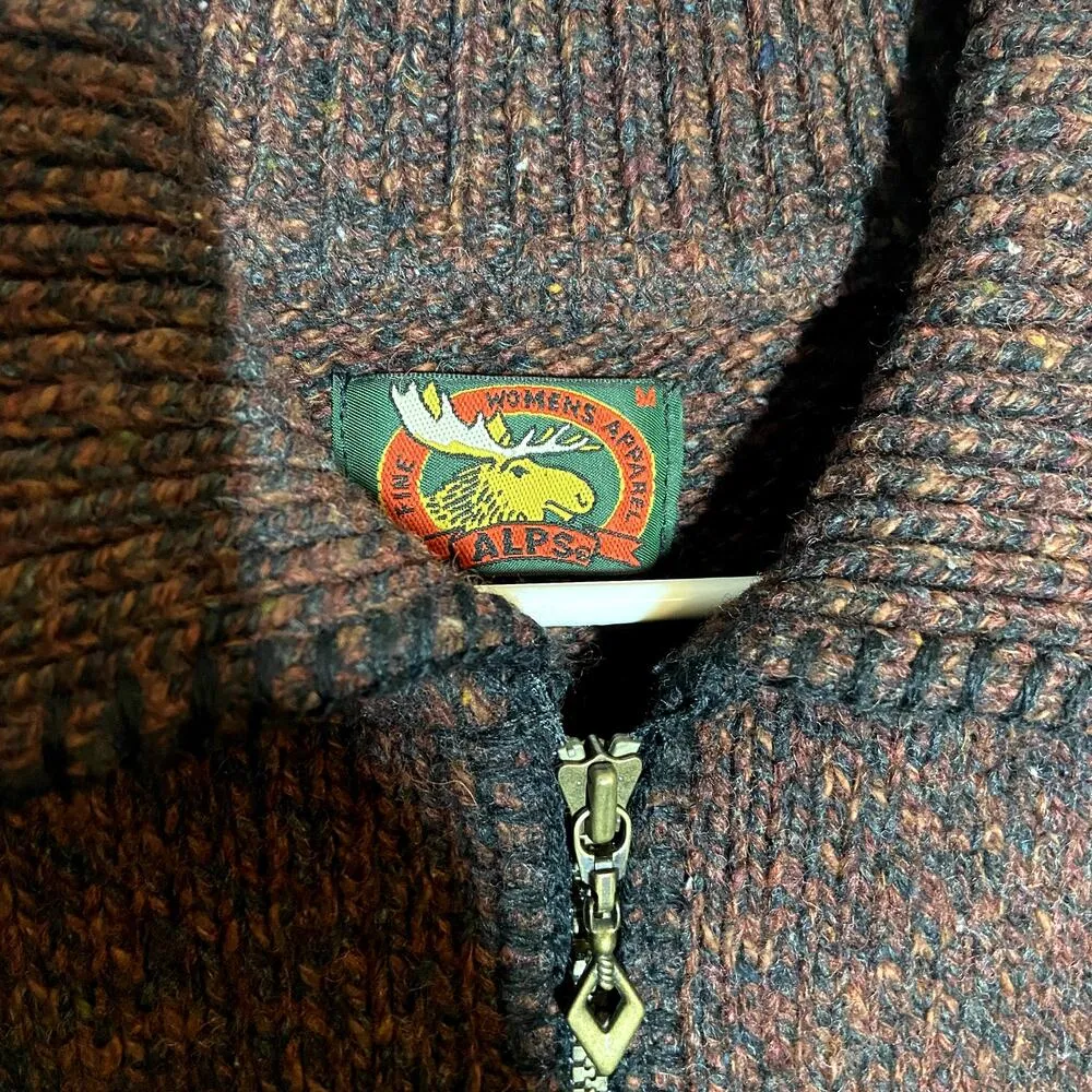VTG Alps Sweater Vest Marled Wool Knitted Full Zip Collared Sleeveless Brown M Size M - Image 3