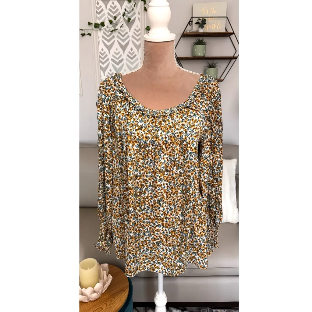 Max Studio Boho Floral Blouse Ruched Cuff Shirt Long Sleeve Chiffon Women’s Sz L - Image 3