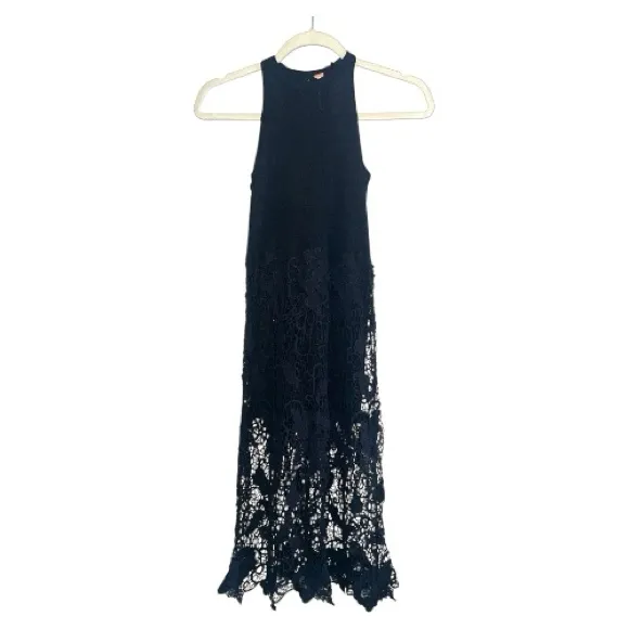 Free People Nora Lace‎ Midi Dress Black Halter Knit Bodice Size S - Image 2