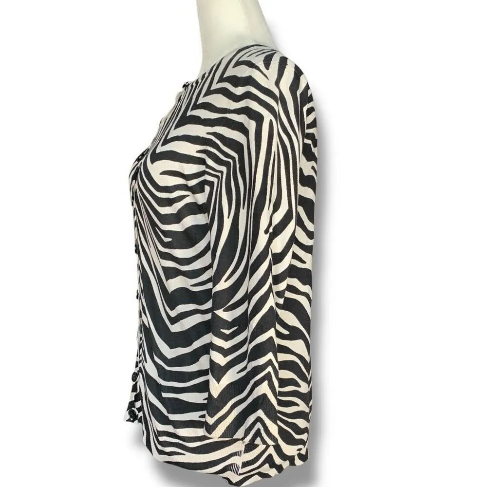 Chaus Cardigan Sweater Black White Zebra Animal Print Silk Blend Crewneck Small - Image 5