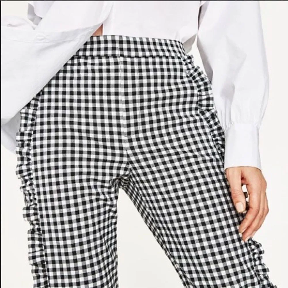 NWOT Zara Gingham Ruffle Pants Small Black White - Image 7