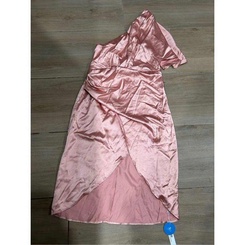 NEW Satin Dress 1 Shoulder Midi Cocktail Party Dress L - Image 3