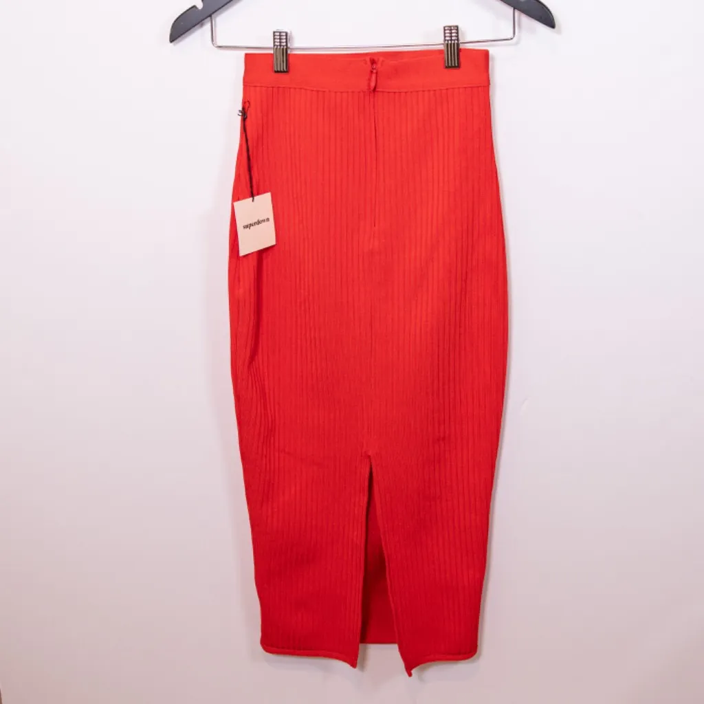 NEW Superdown Akeela Ribbed Knit Stretch High Waisted Midi Skirt Red XS - Image 3