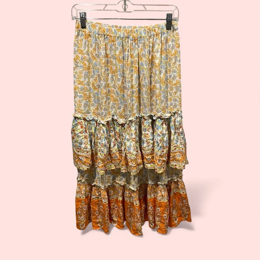 Cute tiered ruffle midi metallic thread boho floral pull on skirt festival fairy Orange Size XS - Image 3